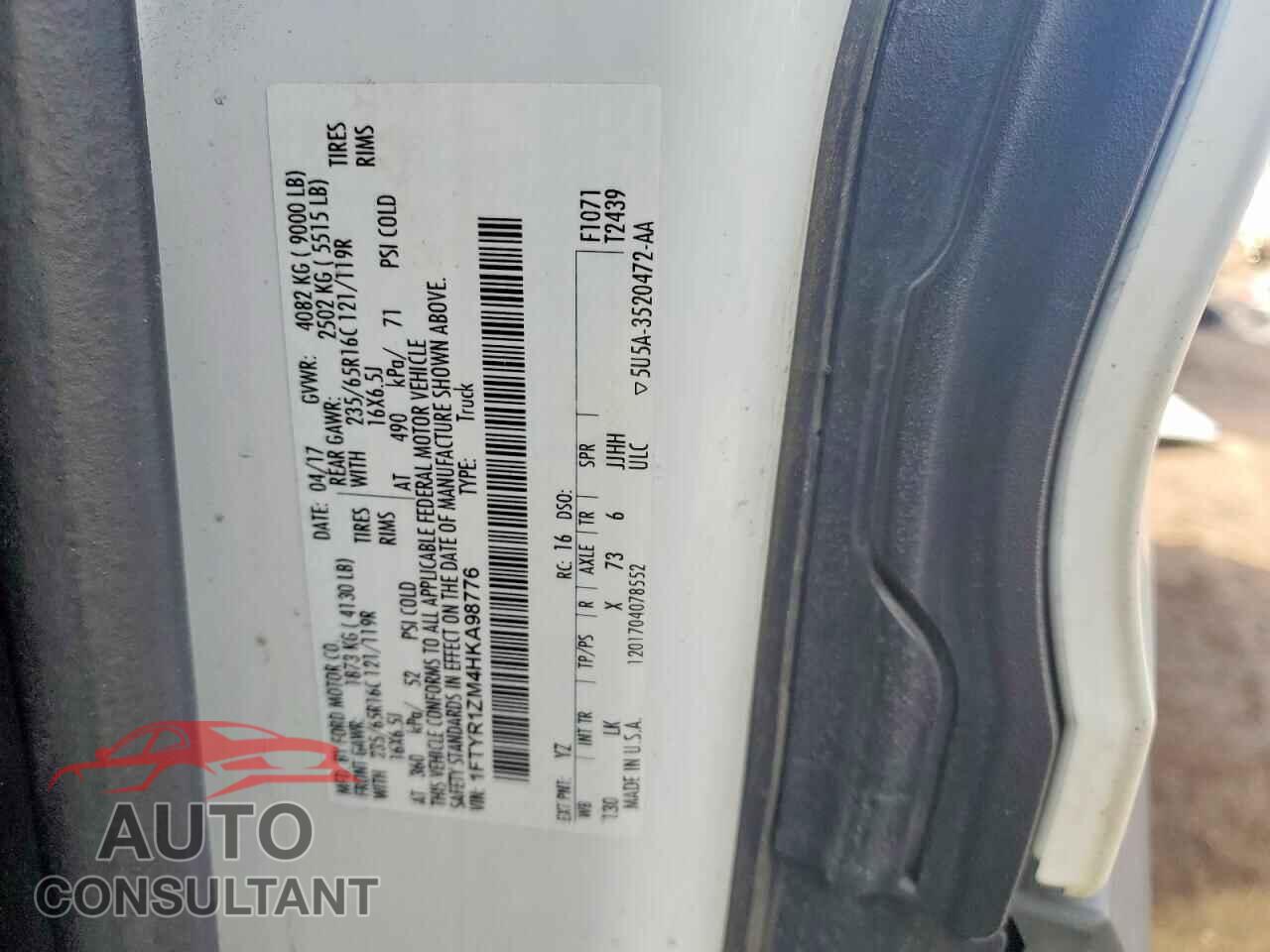 FORD TRANSIT 2017 - 1FTYR1ZM4HKA98776
