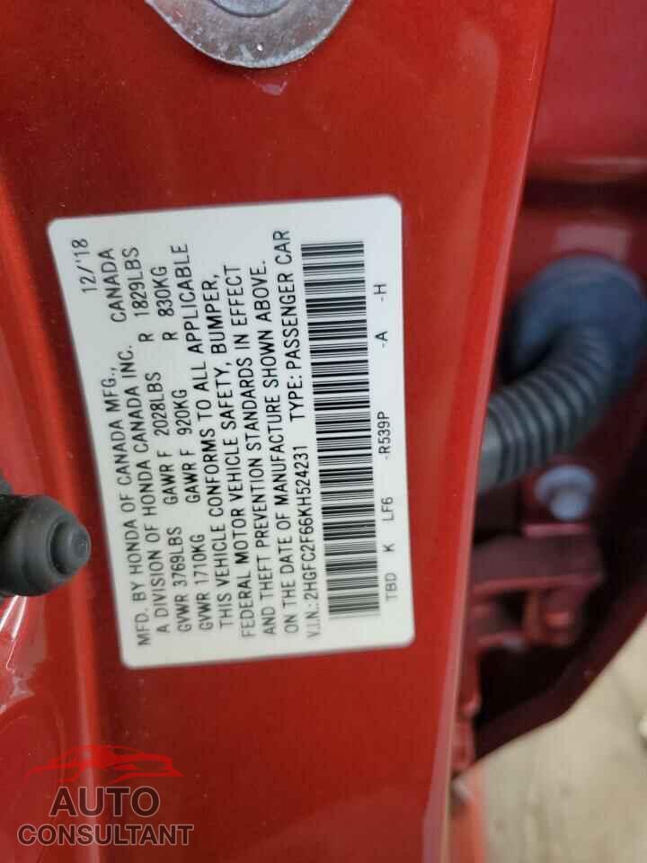HONDA CIVIC 2019 - 2HGFC2F66KH524231