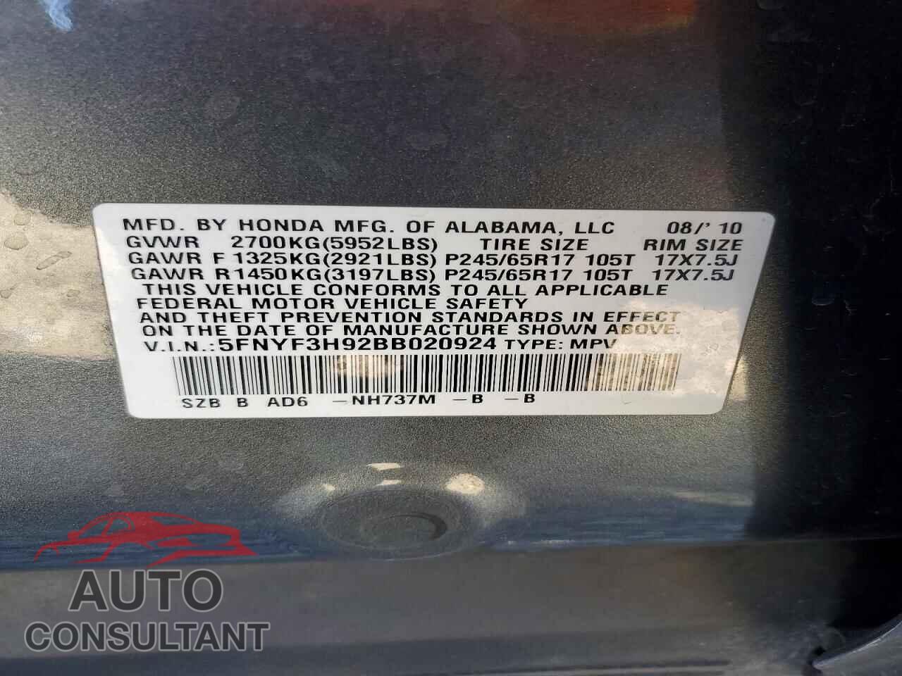 HONDA PILOT 2011 - 5FNYF3H92BB020924