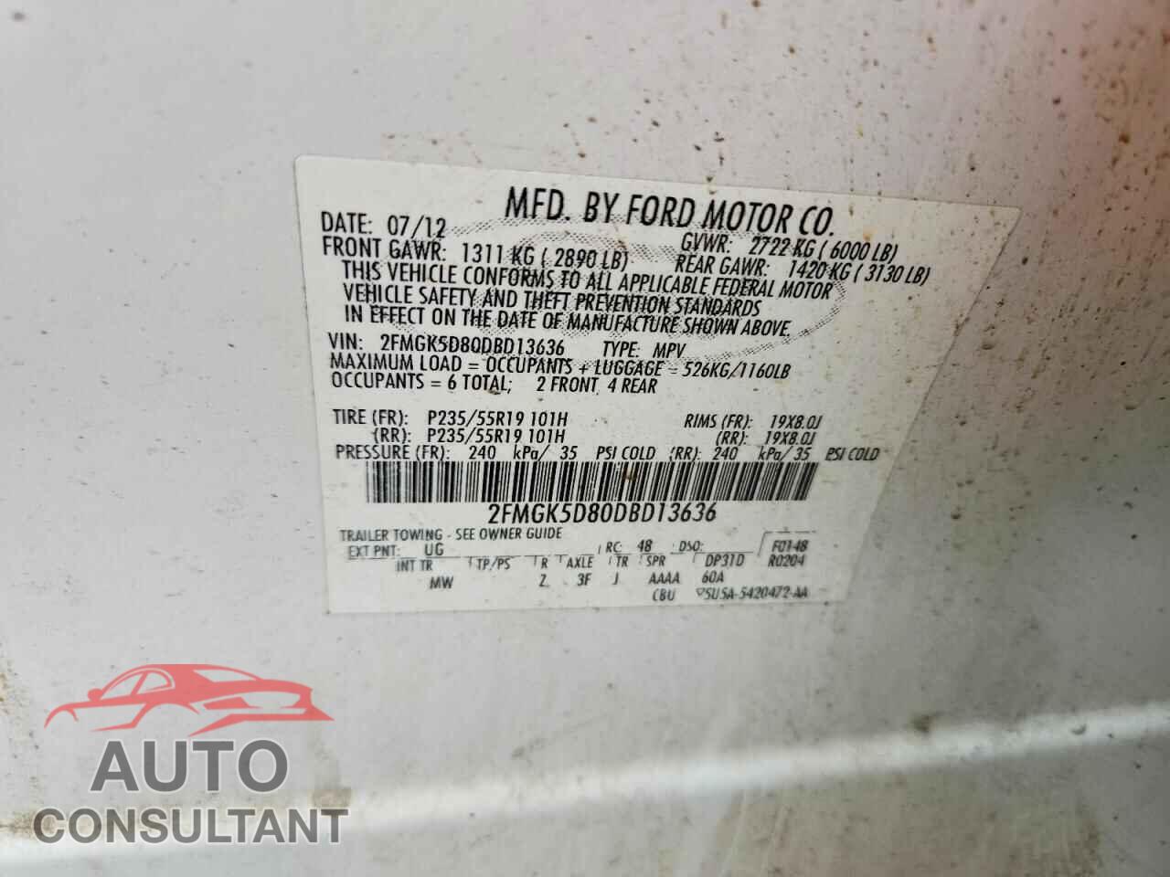 FORD FLEX 2013 - 2FMGK5D80DBD13636