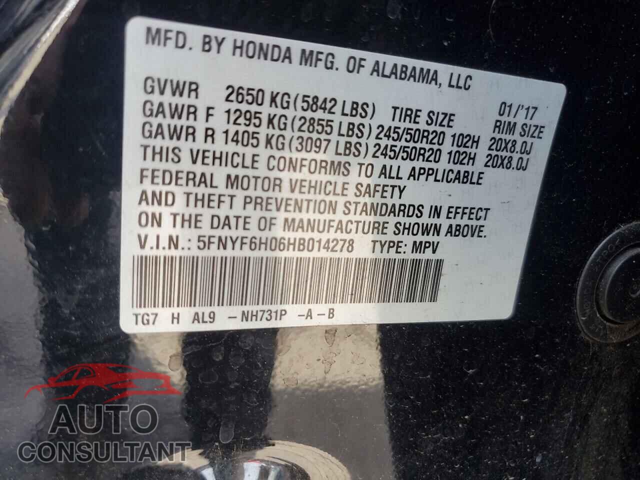 HONDA PILOT 2017 - 5FNYF6H06HB014278