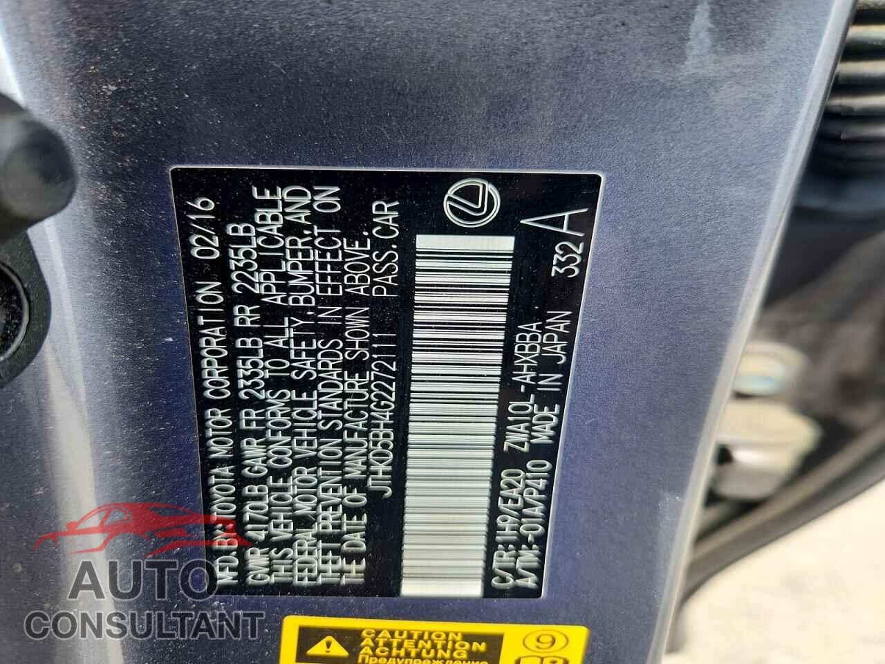LEXUS CT 200H BA 2016 - JTHKD5BH4G2272111