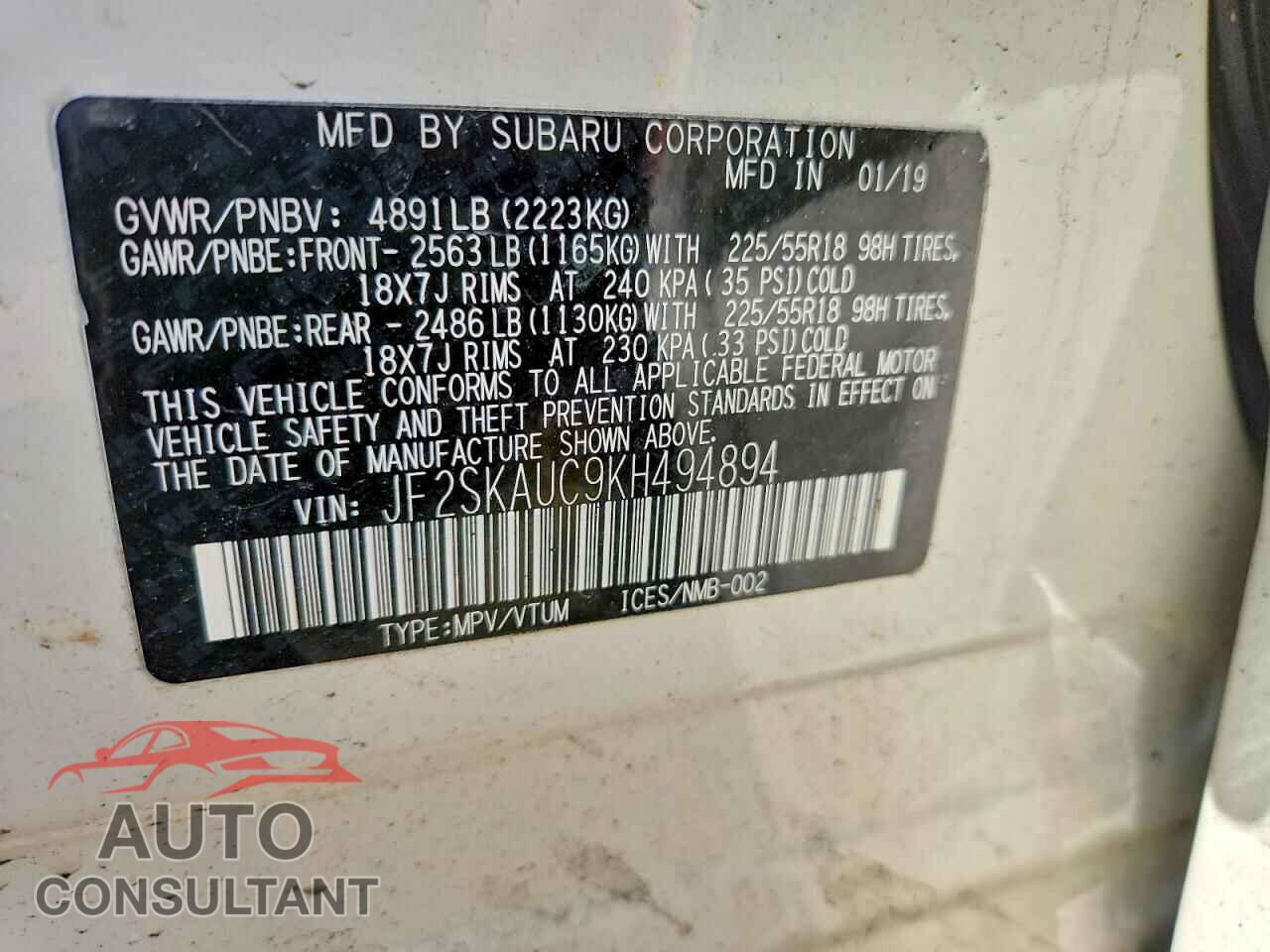 SUBARU FORESTER 2019 - JF2SKAUC9KH494894