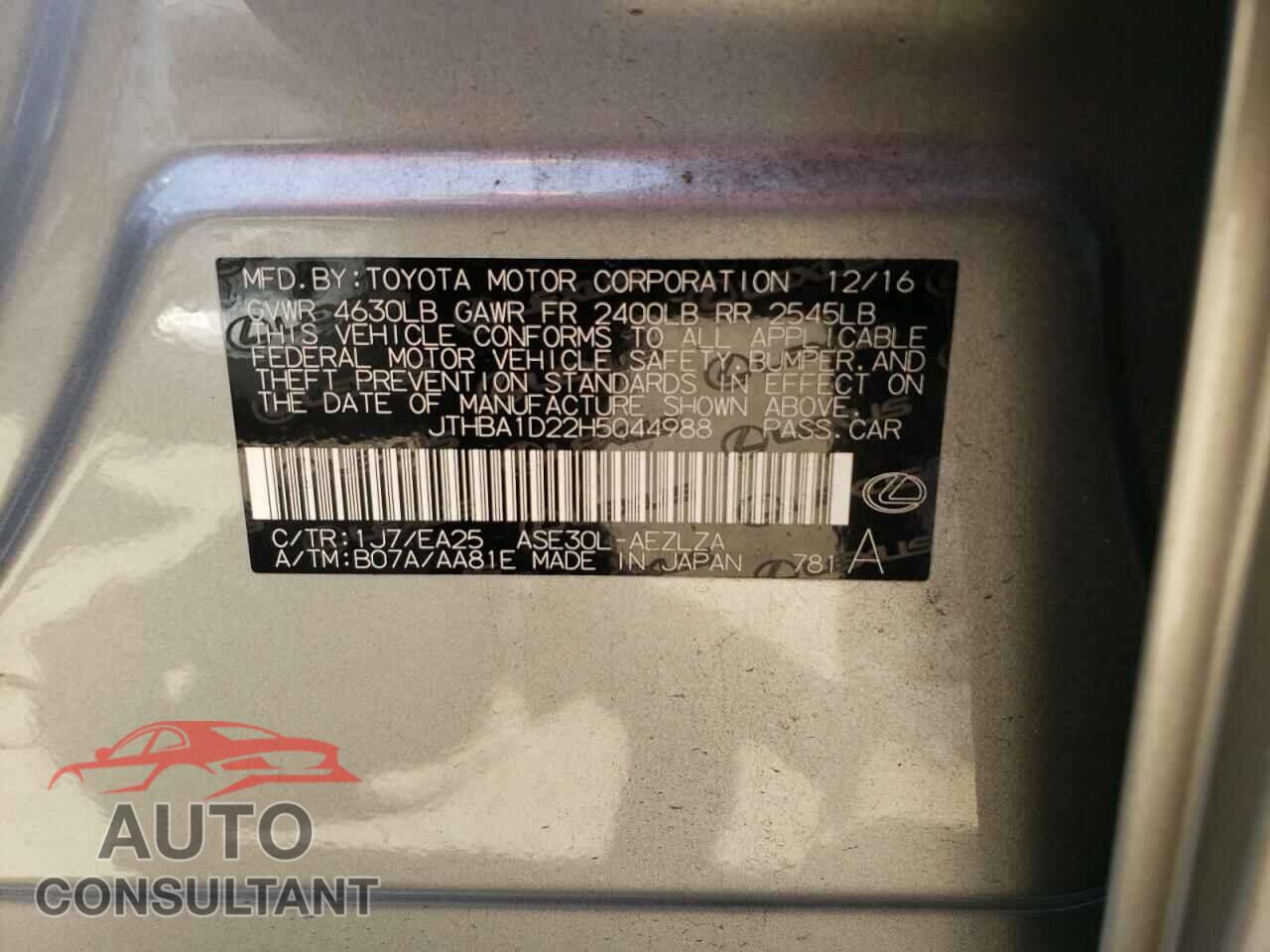 LEXUS IS 2017 - JTHBA1D22H5044988
