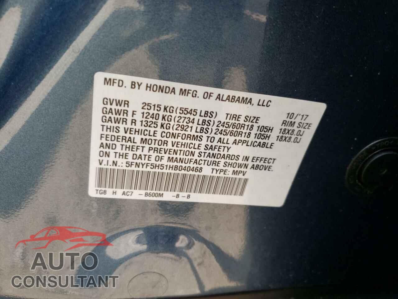 HONDA PILOT 2017 - 5FNYF5H51HB040468