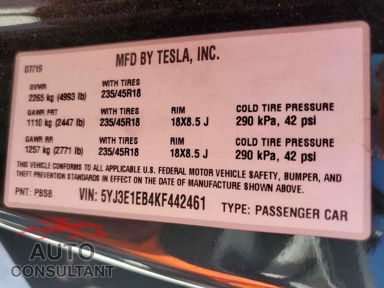 TESLA MODEL 3 2019 - 5YJ3E1EB4KF442461