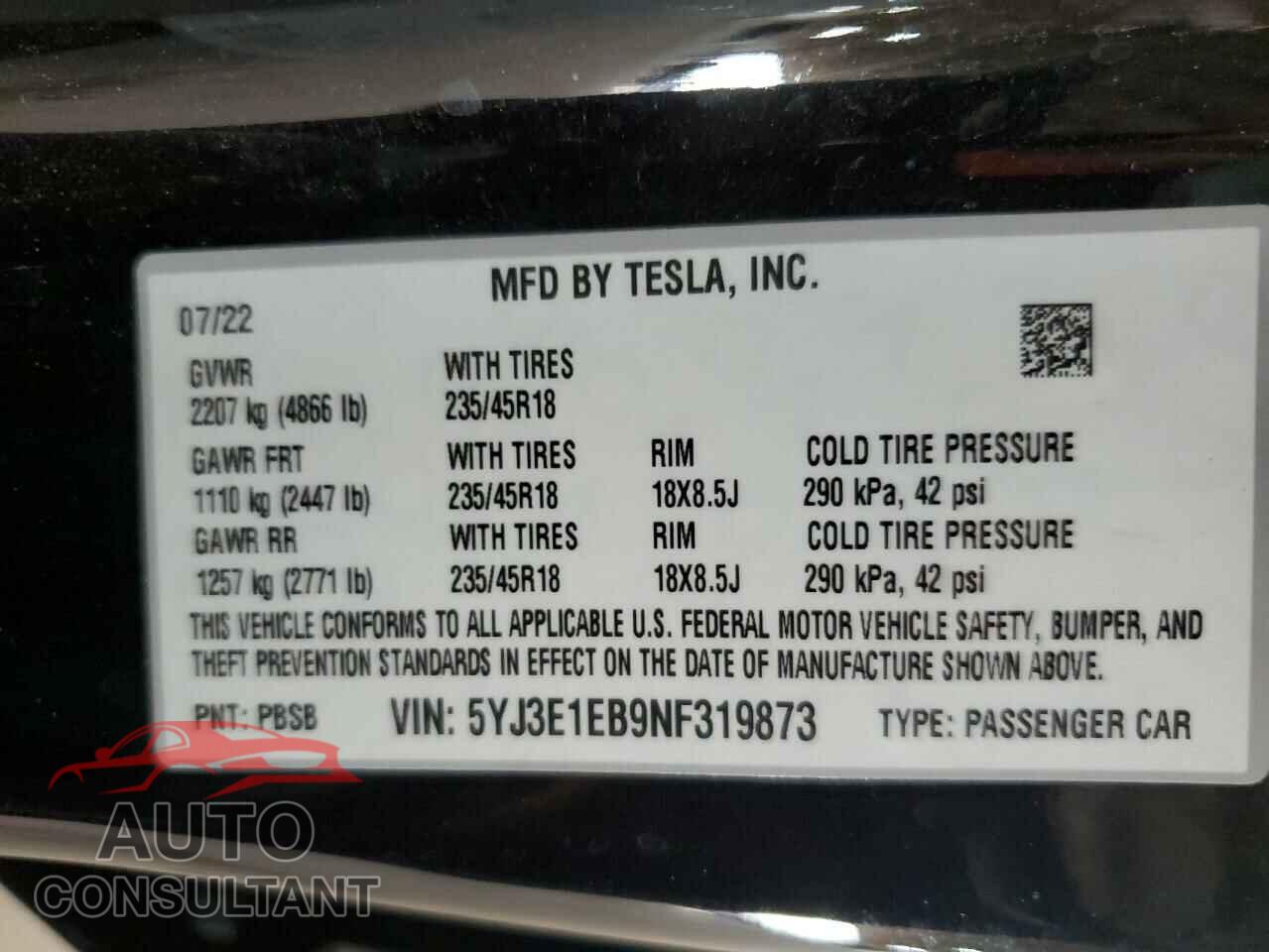 TESLA MODEL 3 2022 - 5YJ3E1EB9NF319873
