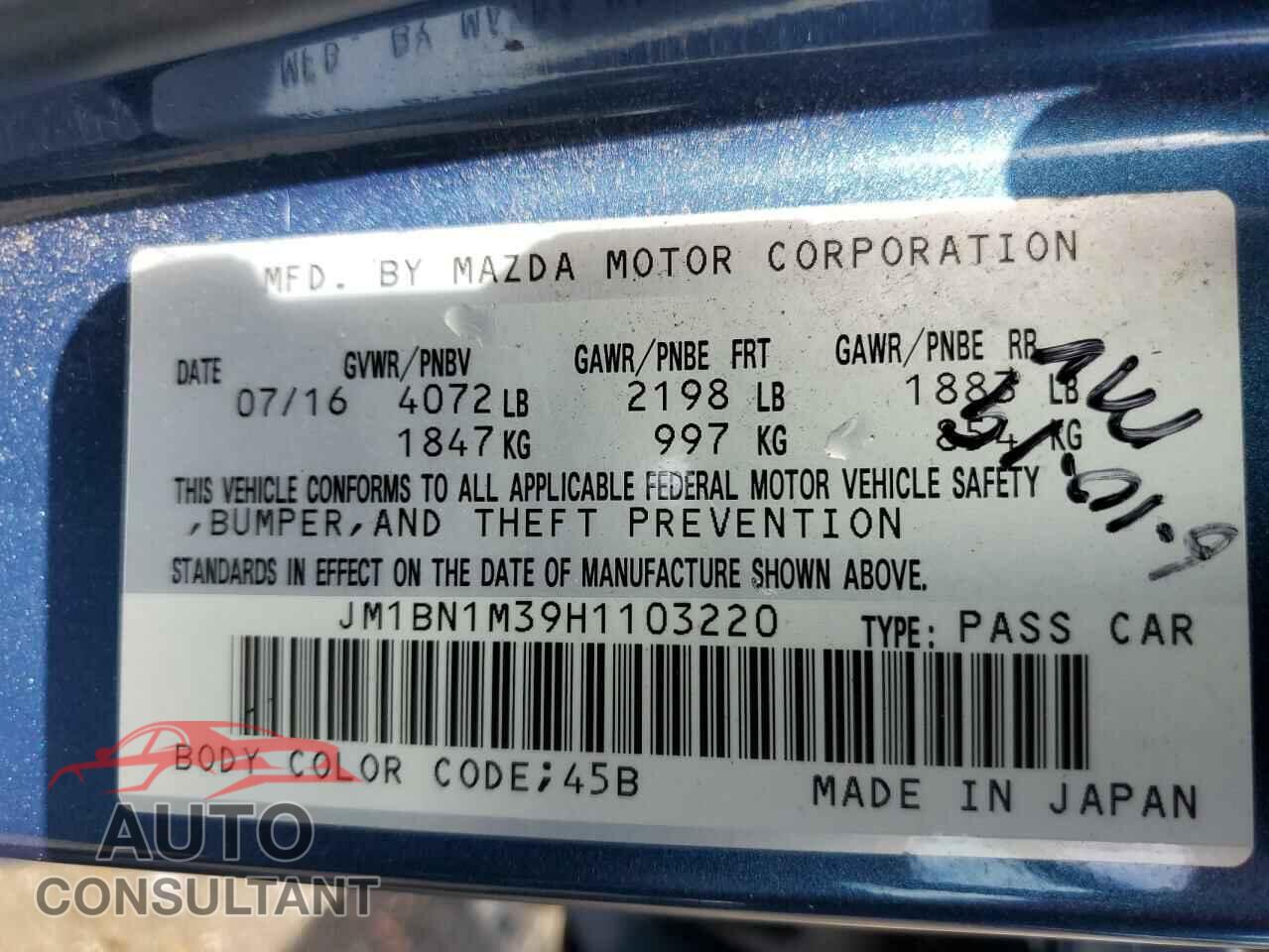 MAZDA 3 2017 - JM1BN1M39H1103220