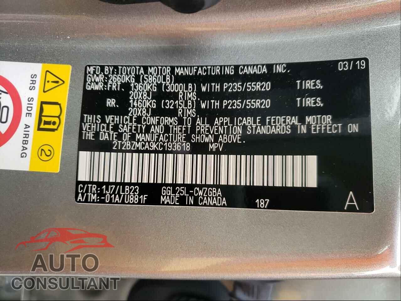 LEXUS RX350 2019 - 2T2BZMCA9KC193618