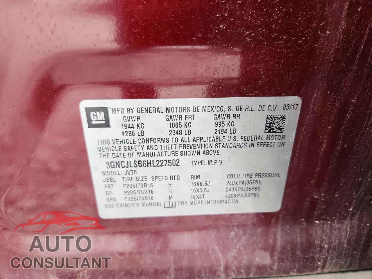 CHEVROLET TRAX 2017 - 3GNCJLSB6HL227502
