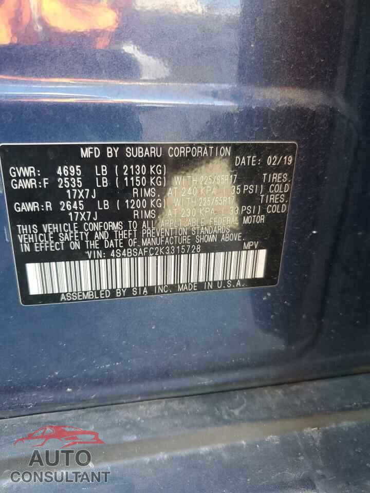 SUBARU OUTBACK 2019 - 4S4BSAFC2K3315728