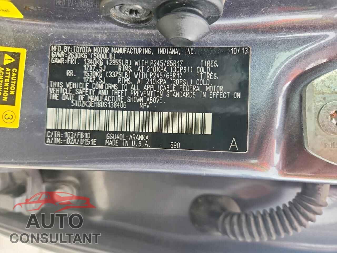 TOYOTA HIGHLANDER 2013 - 5TDZK3EH8DS138406