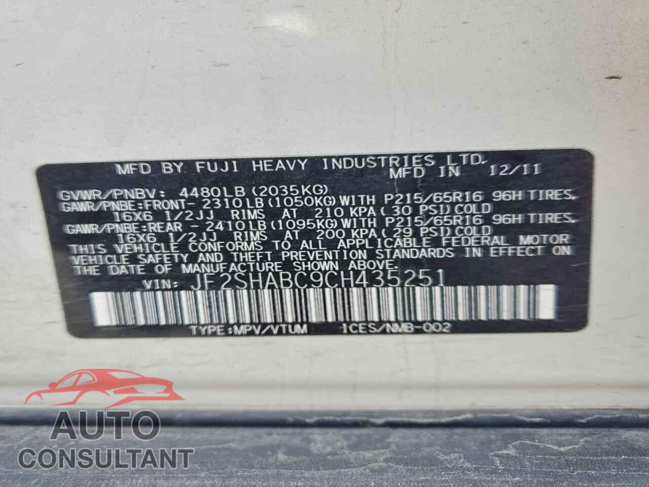 SUBARU FORESTER 2012 - JF2SHABC9CH435251