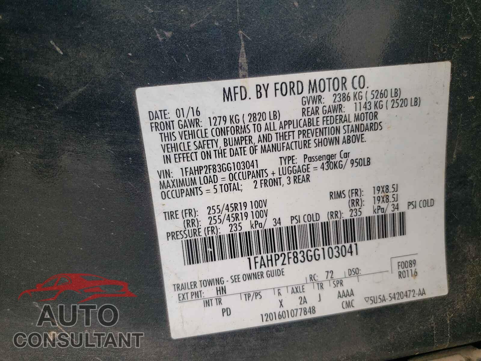FORD TAURUS 2016 - 1FAHP2F83GG103041