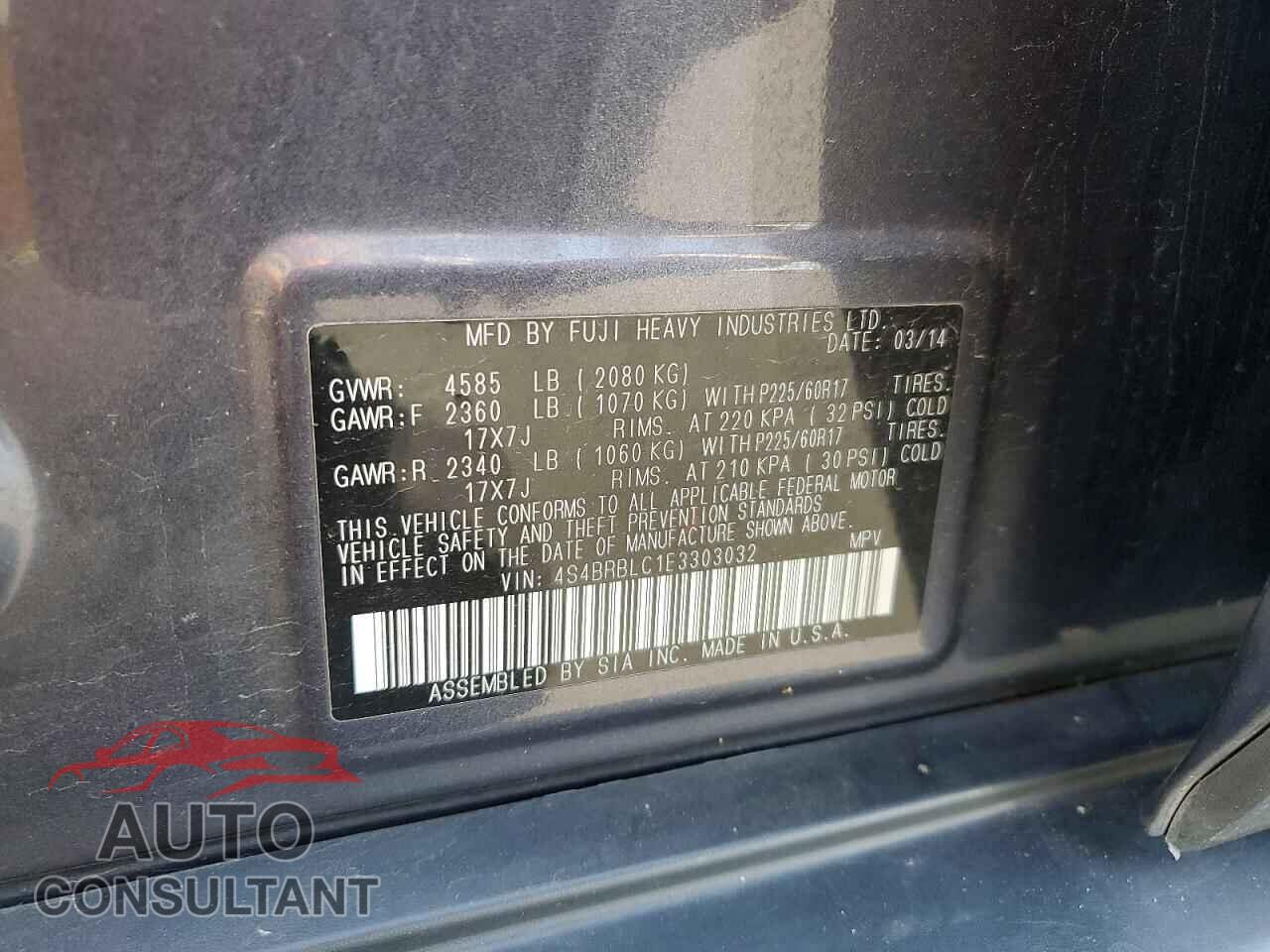 SUBARU OUTBACK 2014 - 4S4BRBLC1E3303032