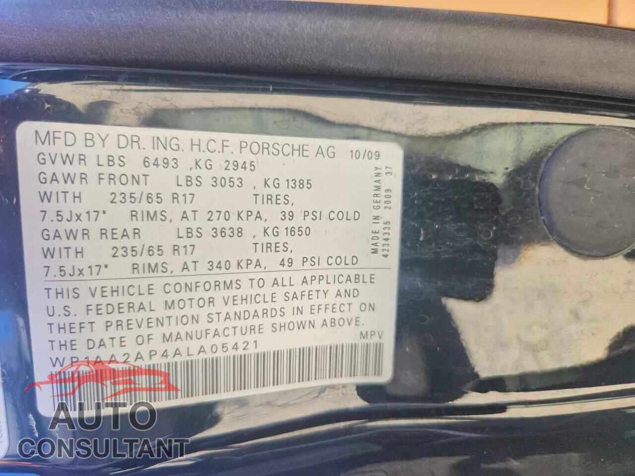 PORSCHE CAYENNE 2010 - WP1AA2AP4ALA05421