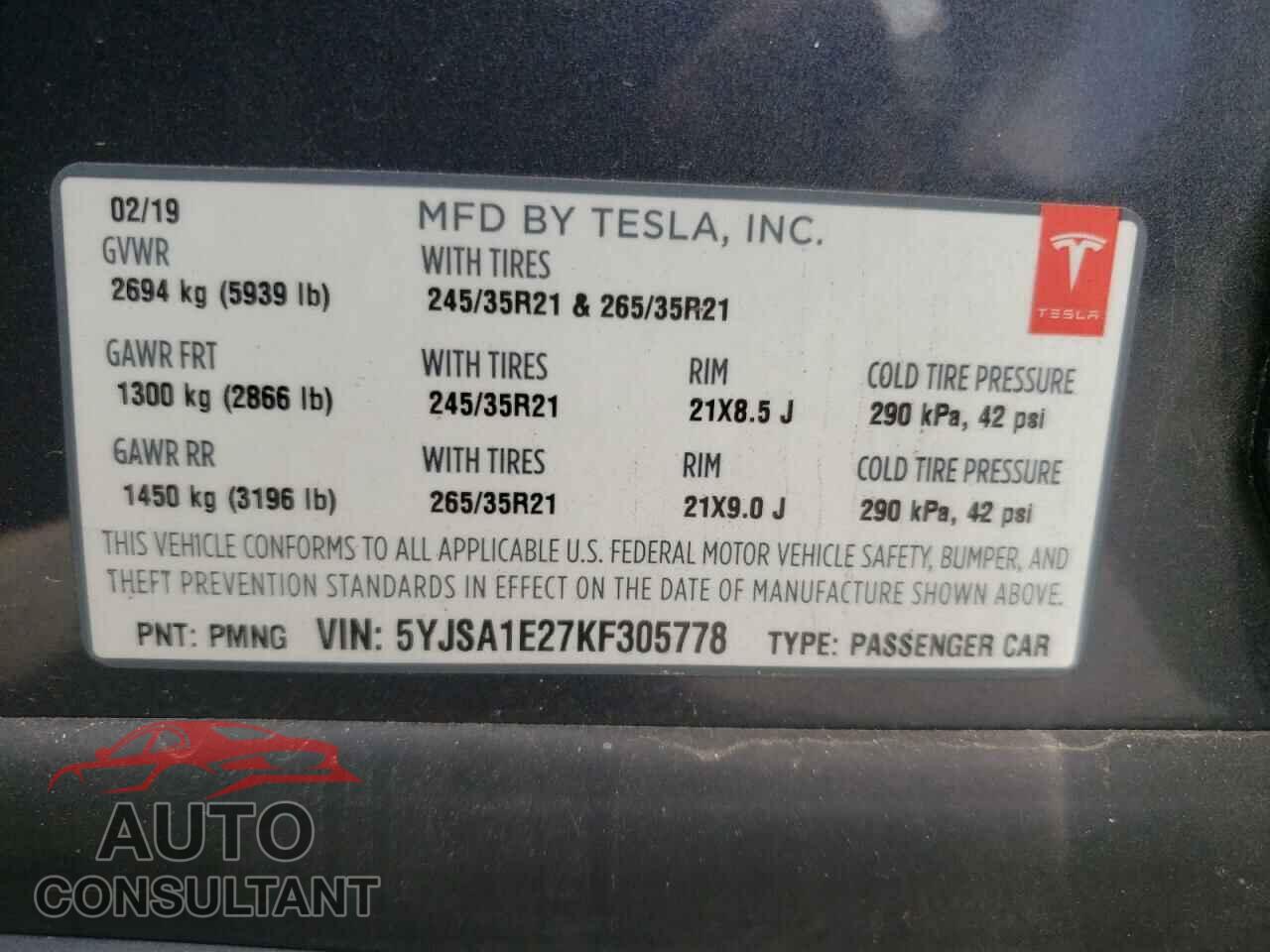 TESLA MODEL S 2019 - 5YJSA1E27KF305778