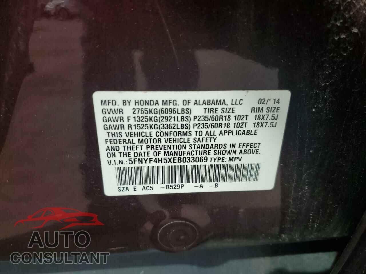 HONDA PILOT 2014 - 5FNYF4H5XEB033069