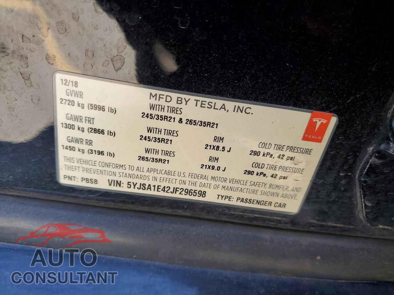 TESLA MODEL S 2018 - 5YJSA1E42JF296598