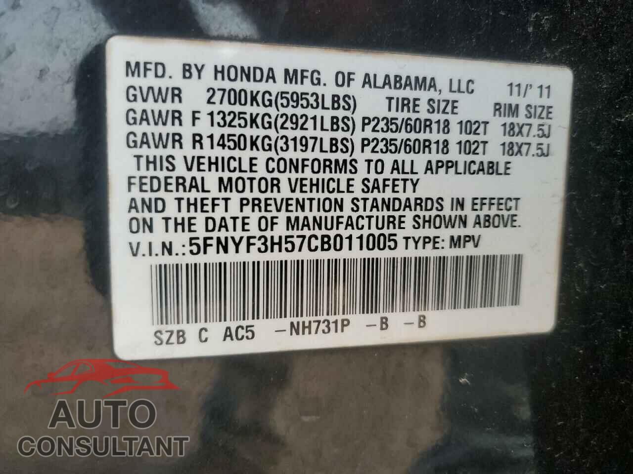 HONDA PILOT 2012 - 5FNYF3H57CB011005