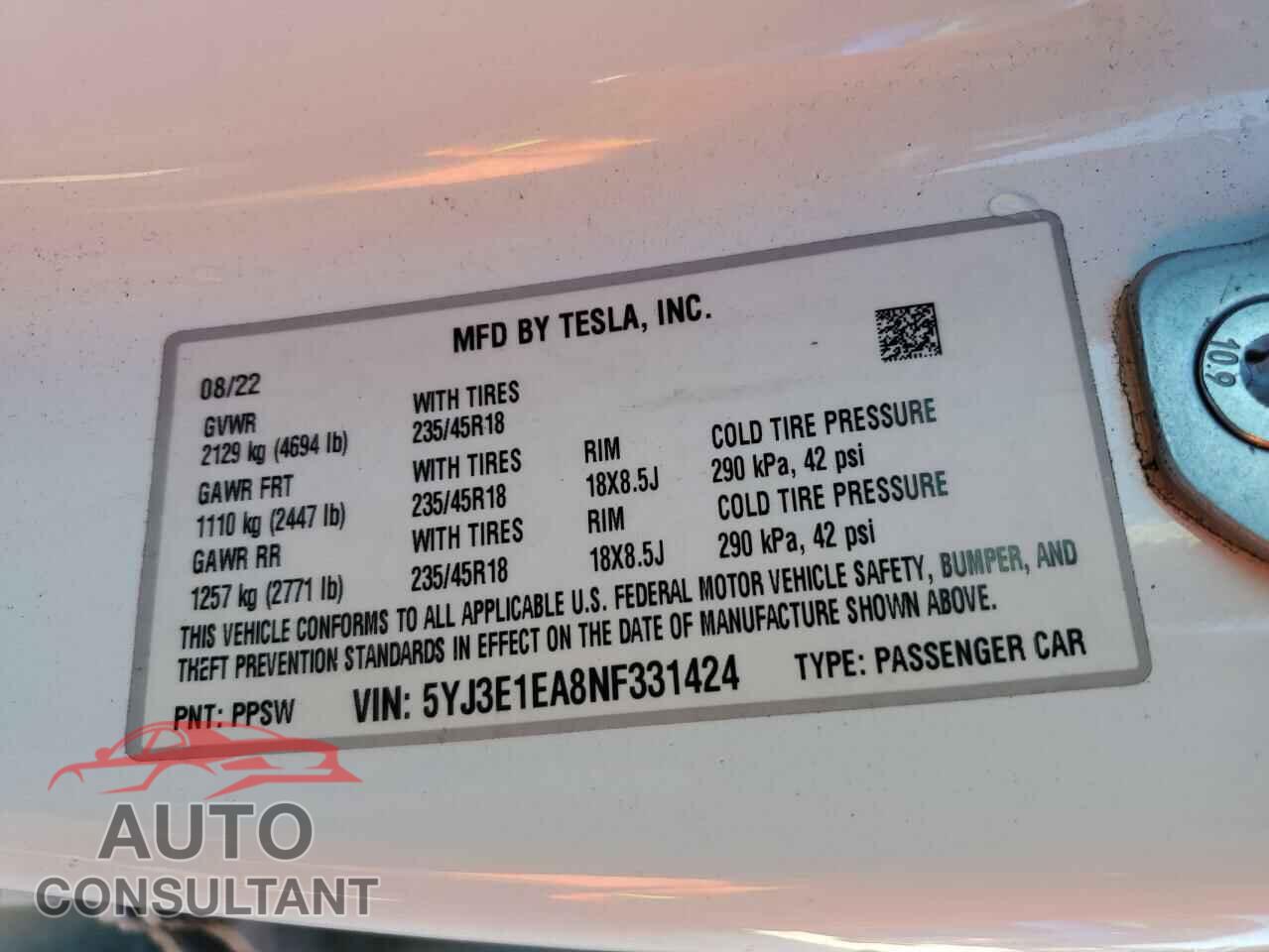 TESLA MODEL 3 2022 - 5YJ3E1EA8NF331424