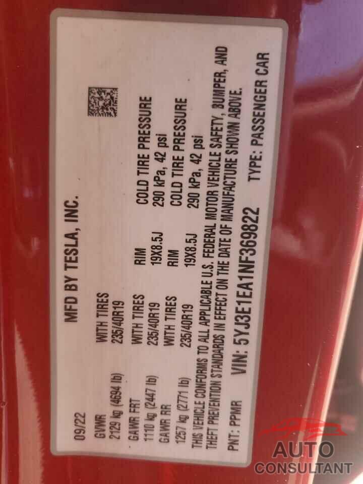 TESLA MODEL 3 2022 - 5YJ3E1EA1NF369822