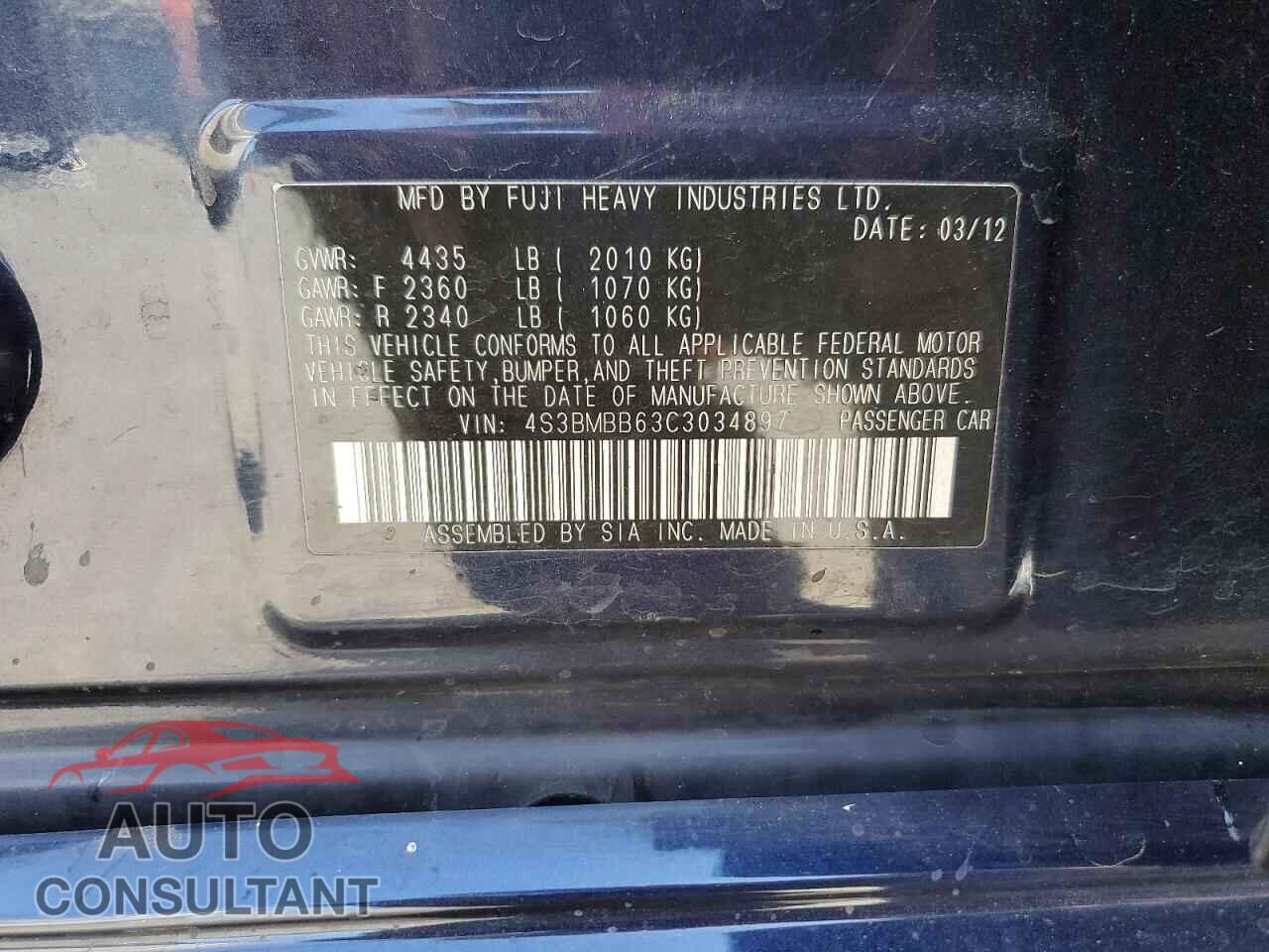 SUBARU LEGACY 2012 - 4S3BMBB63C3034897