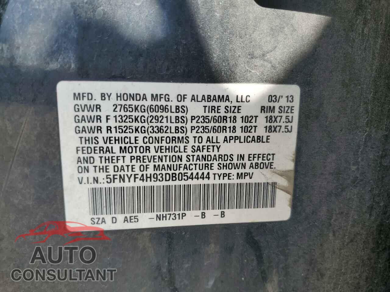 HONDA PILOT 2013 - 5FNYF4H93DB054444