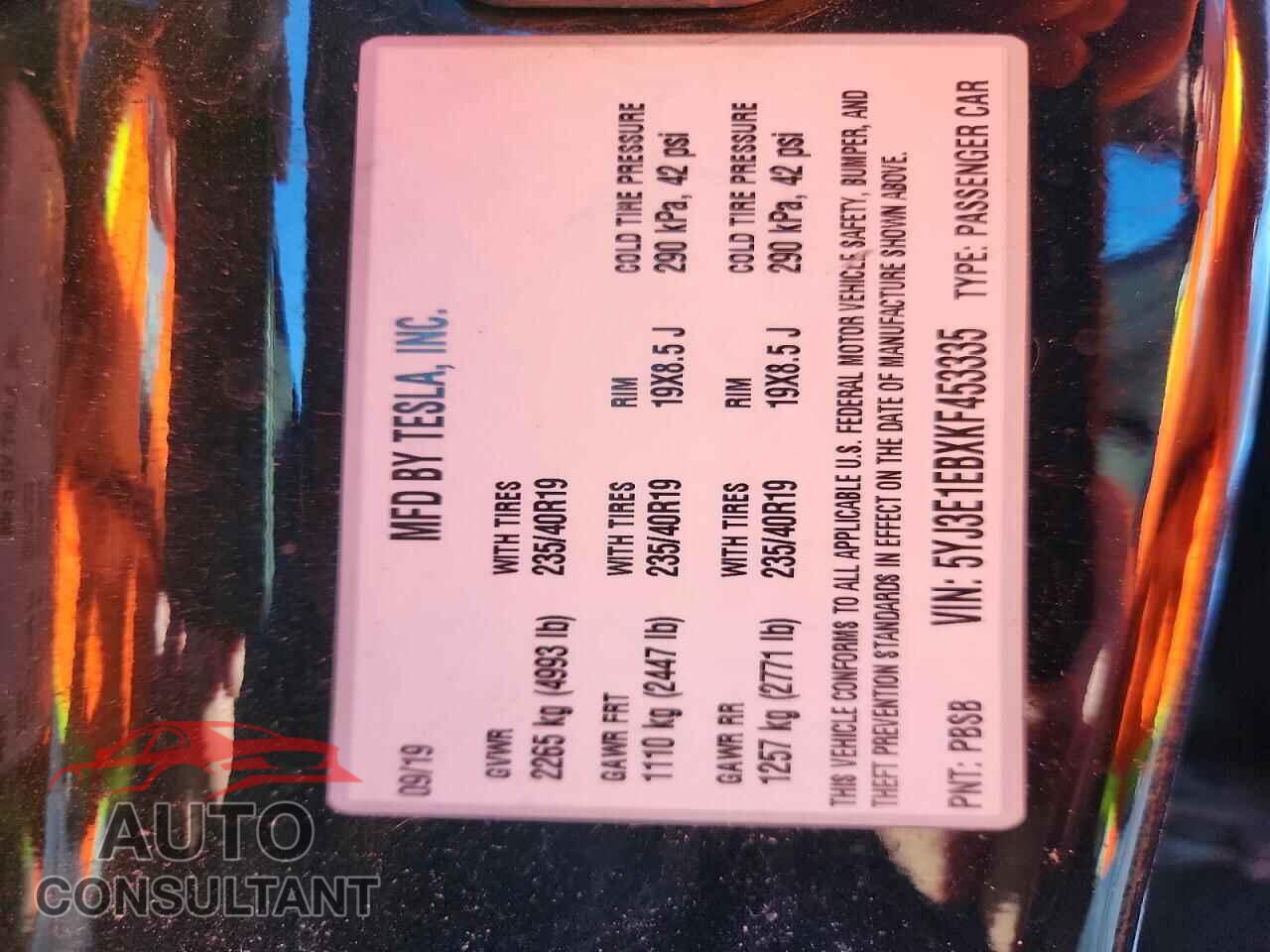 TESLA MODEL 3 2019 - 5YJ3E1EBXKF453335
