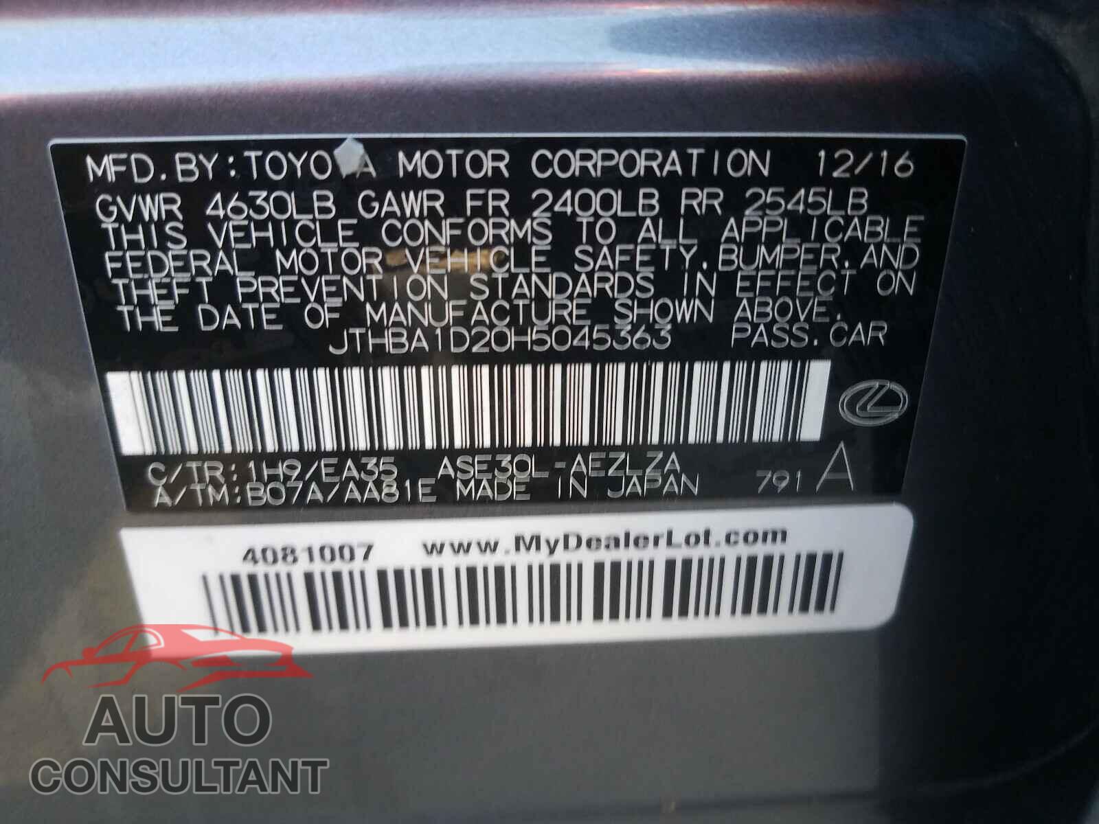 LEXUS IS 2017 - JTHBA1D20H5045363