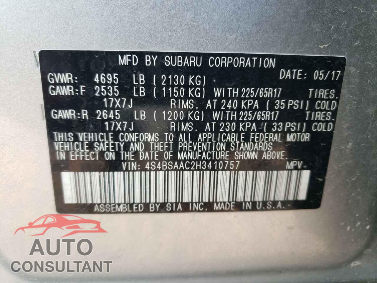 SUBARU OUTBACK 2017 - 4S4BSAAC2H3410757
