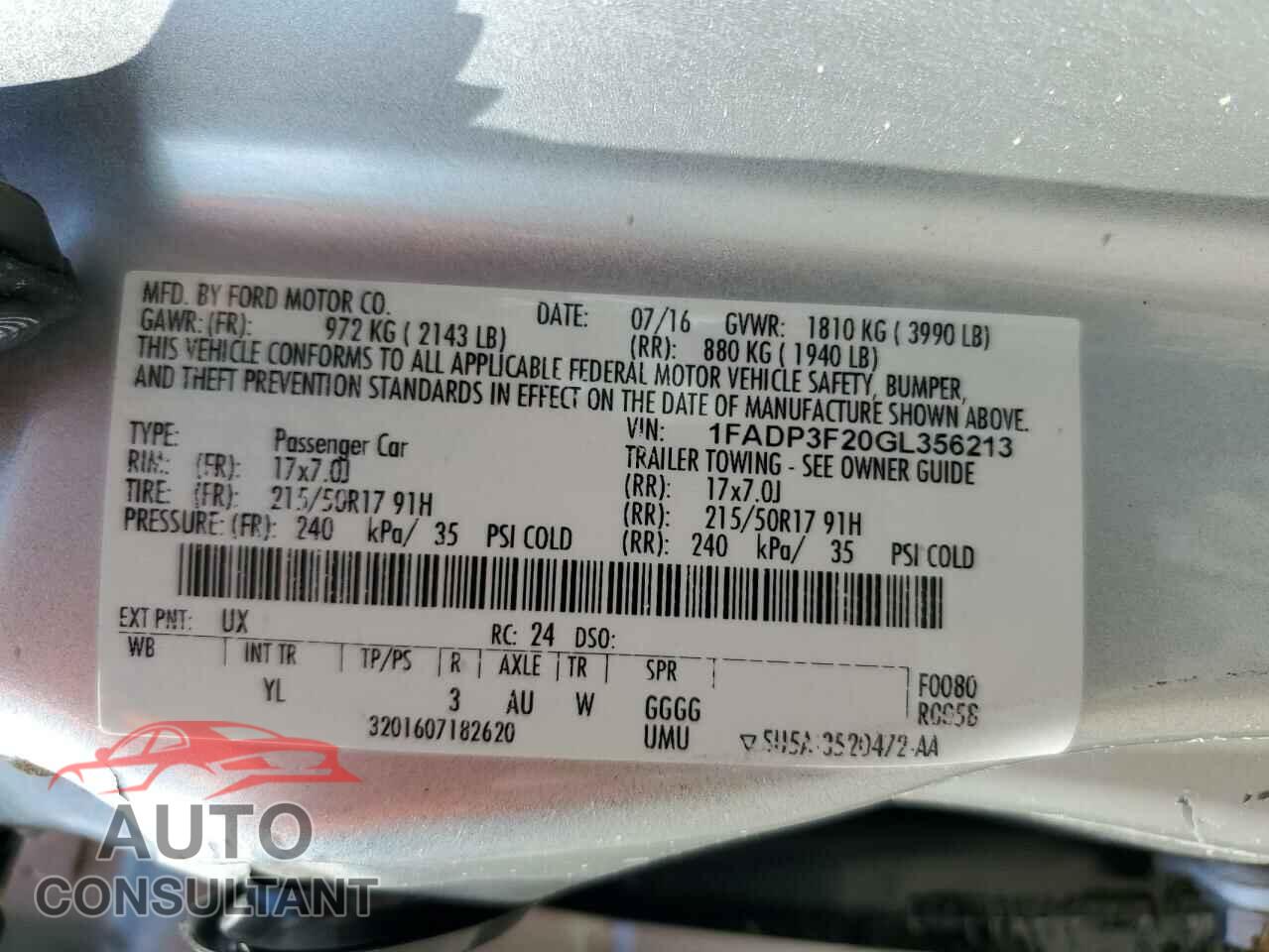 FORD FOCUS 2016 - 1FADP3F20GL356213