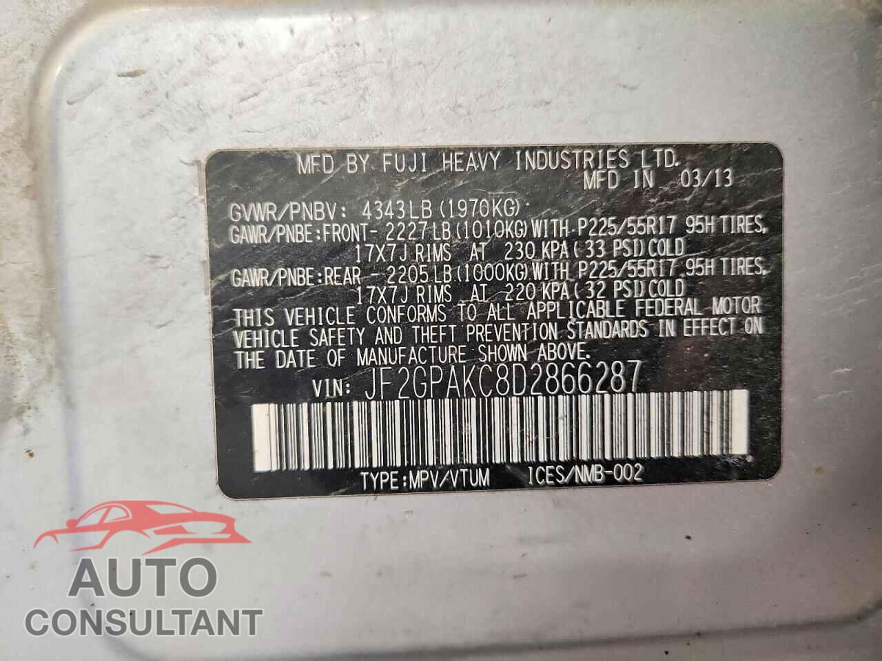 SUBARU XV 2013 - JF2GPAKC8D2866287
