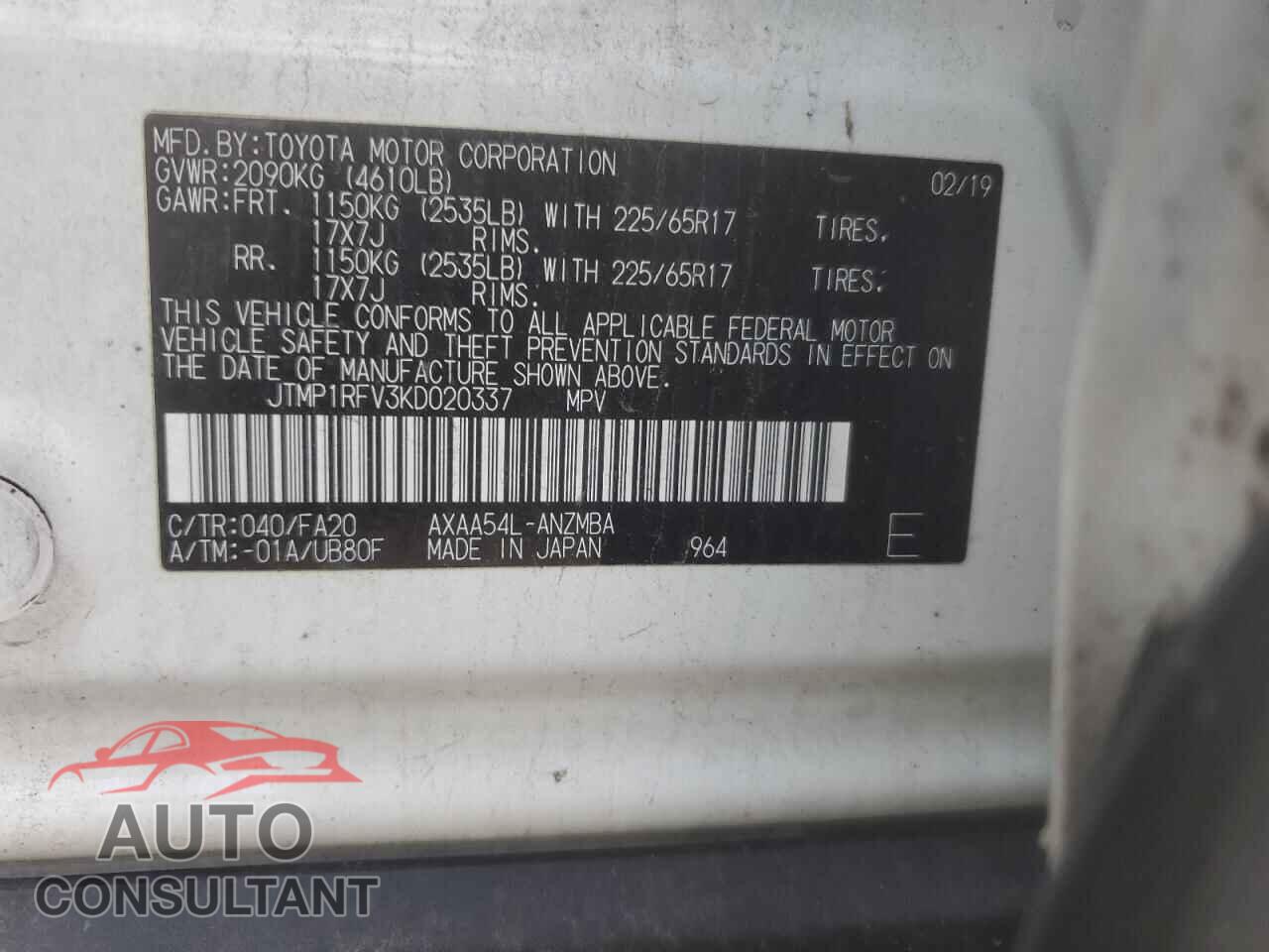 TOYOTA RAV4 2019 - JTMP1RFV3KD020337