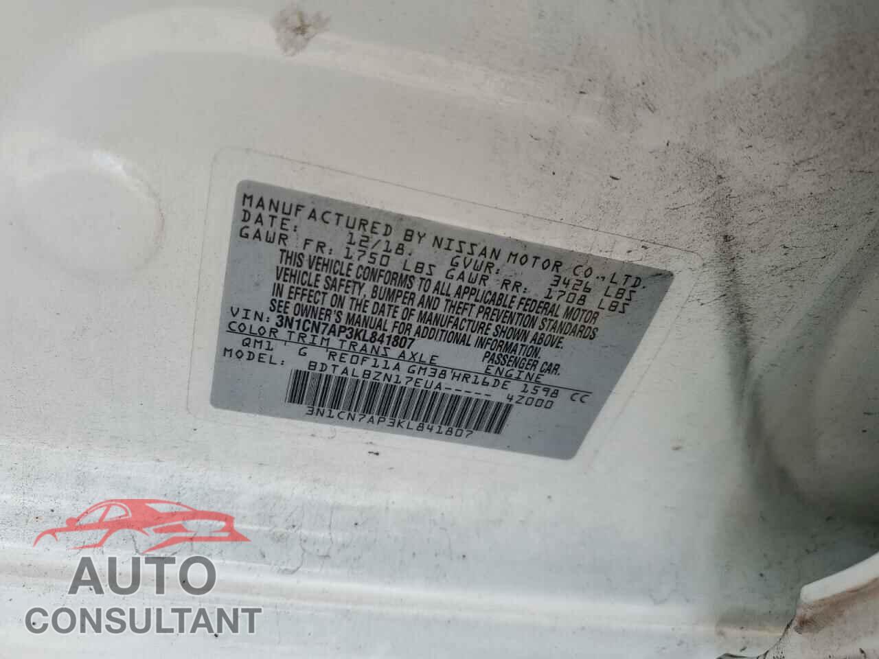 NISSAN VERSA 2019 - 3N1CN7AP3KL841807