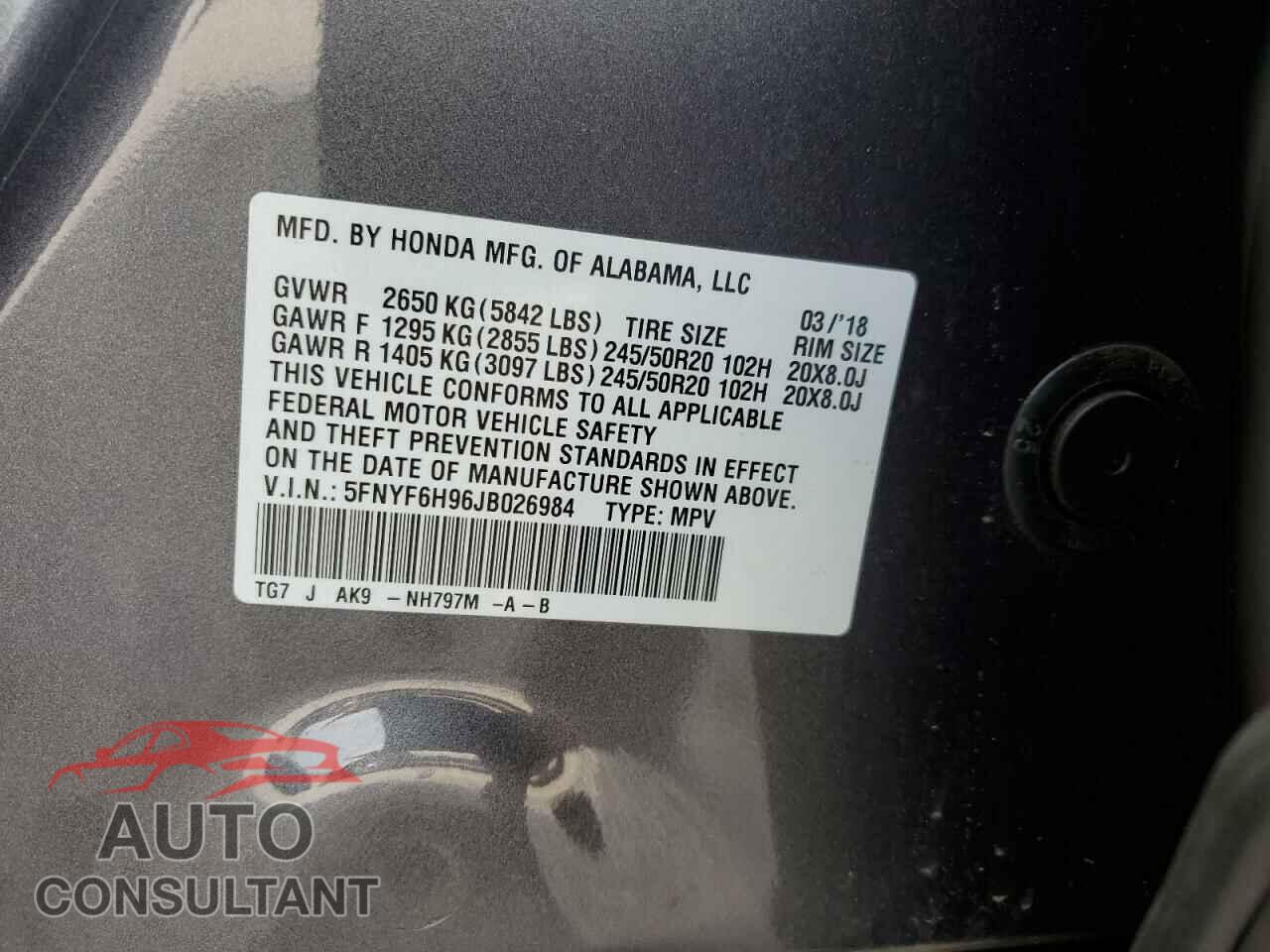 HONDA PILOT 2018 - 5FNYF6H96JB026984