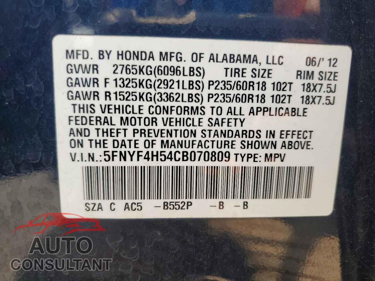 HONDA PILOT 2012 - 5FNYF4H54CB070809