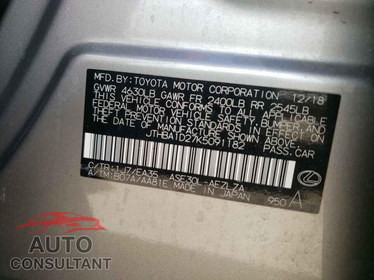 LEXUS IS 2019 - JTHBA1D27K5091182