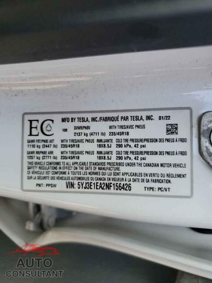TESLA MODEL 3 2022 - 5YJ3E1EA2NF156426