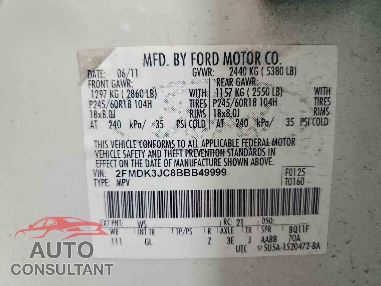 FORD EDGE 2011 - 2FMDK3JC8BBB49999