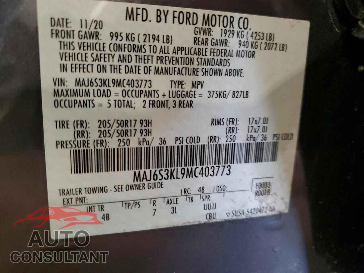 FORD ECOSPORT 2021 - MAJ6S3KL9MC403773