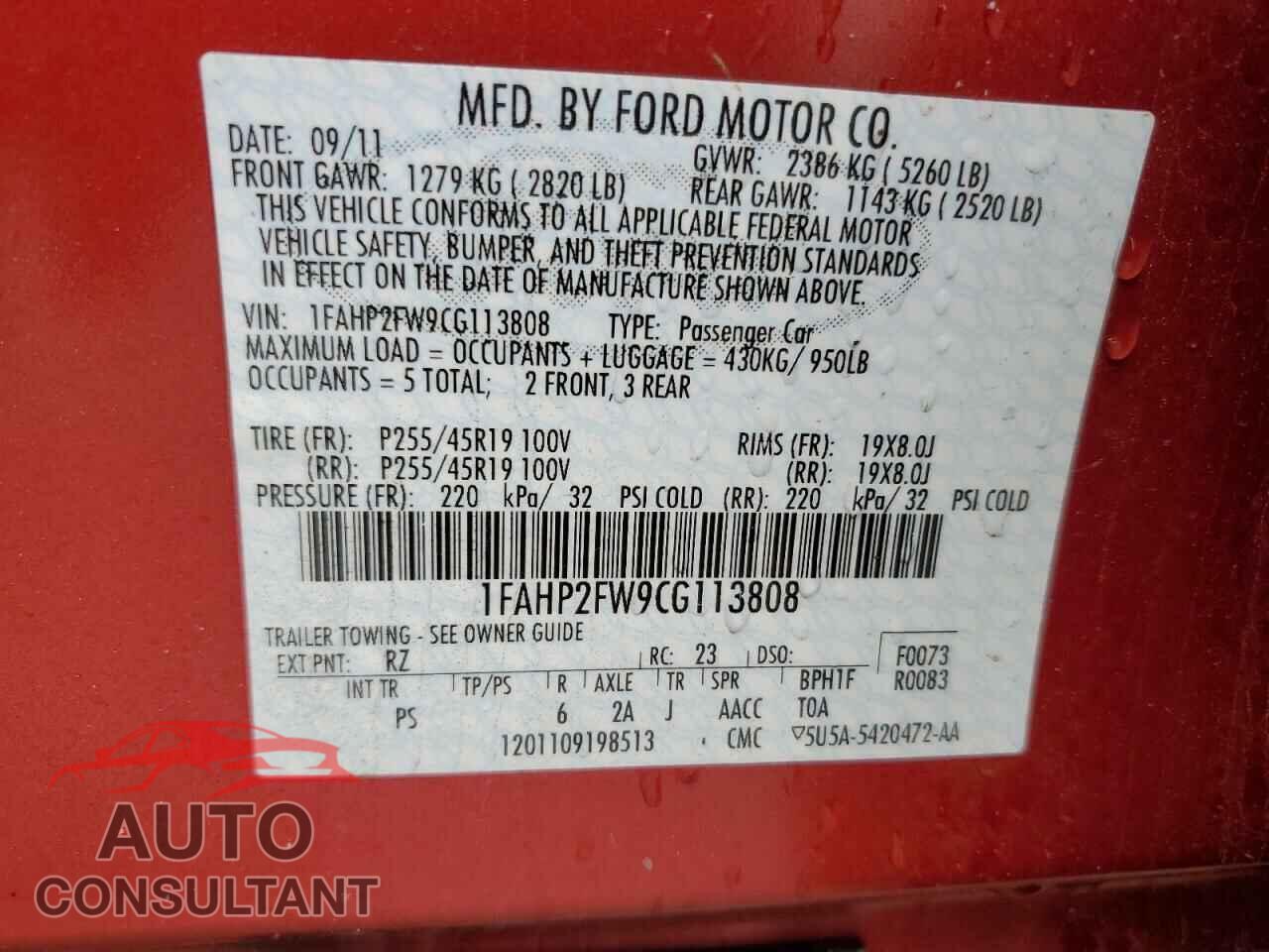 FORD TAURUS 2012 - 1FAHP2FW9CG113808