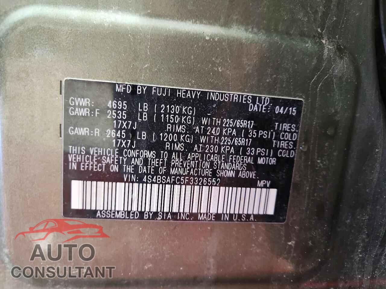 SUBARU OUTBACK 2015 - 4S4BSAFC5F3326552