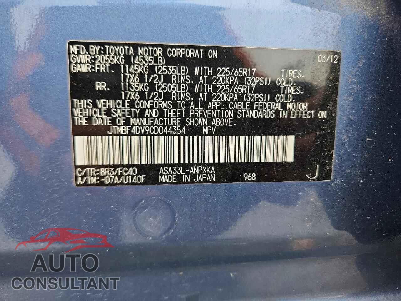 TOYOTA RAV4 2012 - JTMBF4DV9CD044354