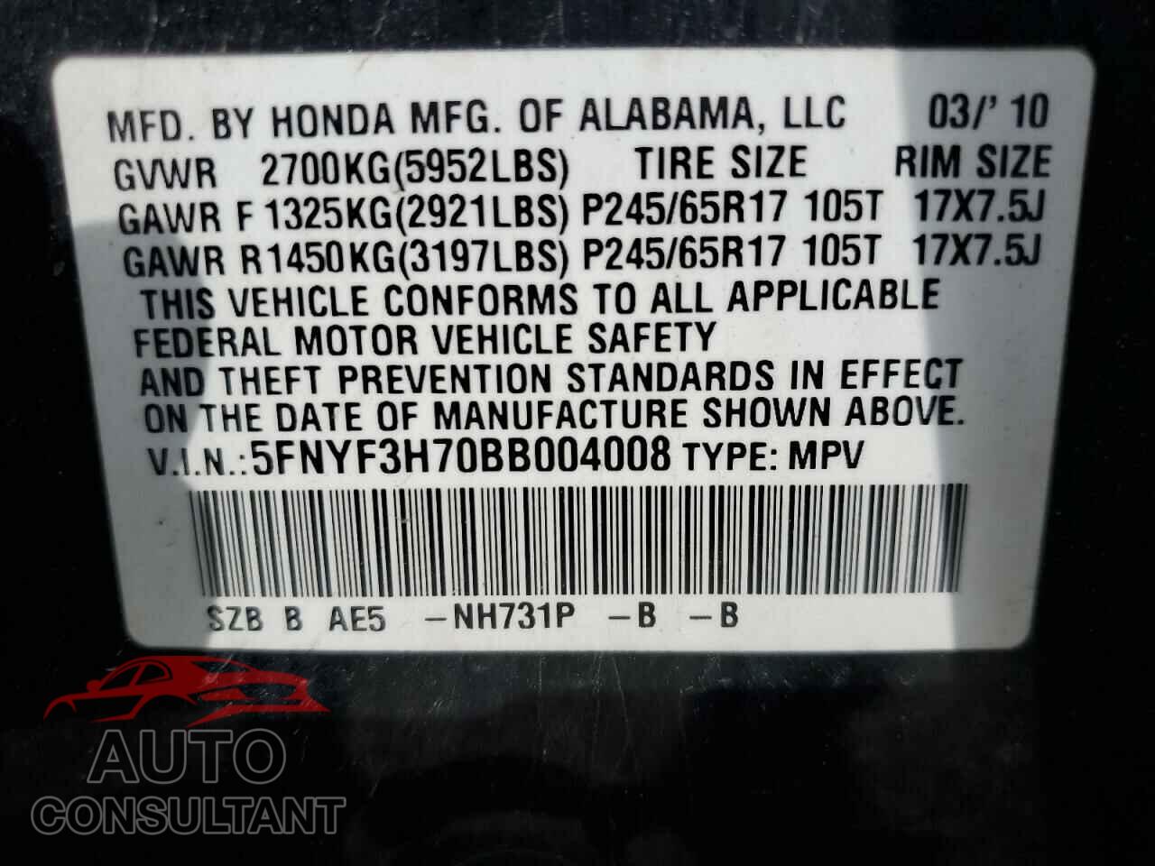 HONDA PILOT 2011 - 5FNYF3H70BB004008