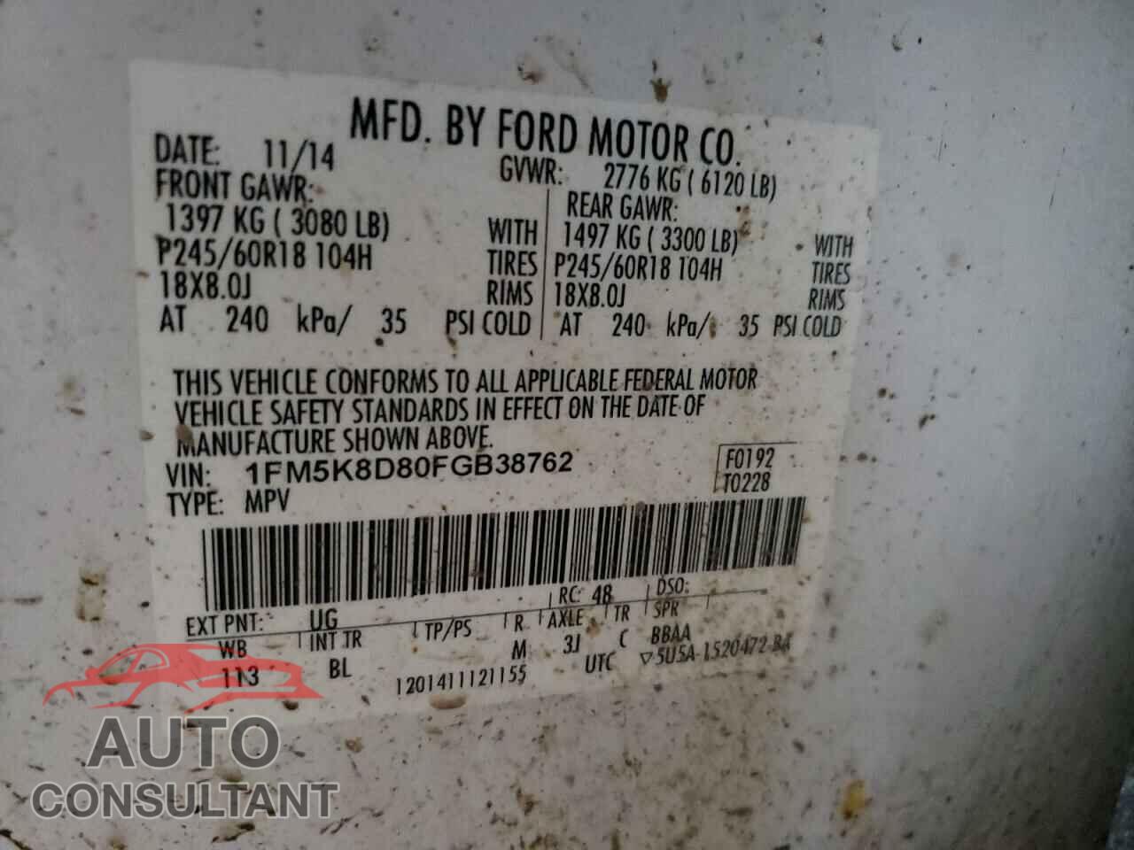 FORD EXPLORER 2015 - 1FM5K8D80FGB38762