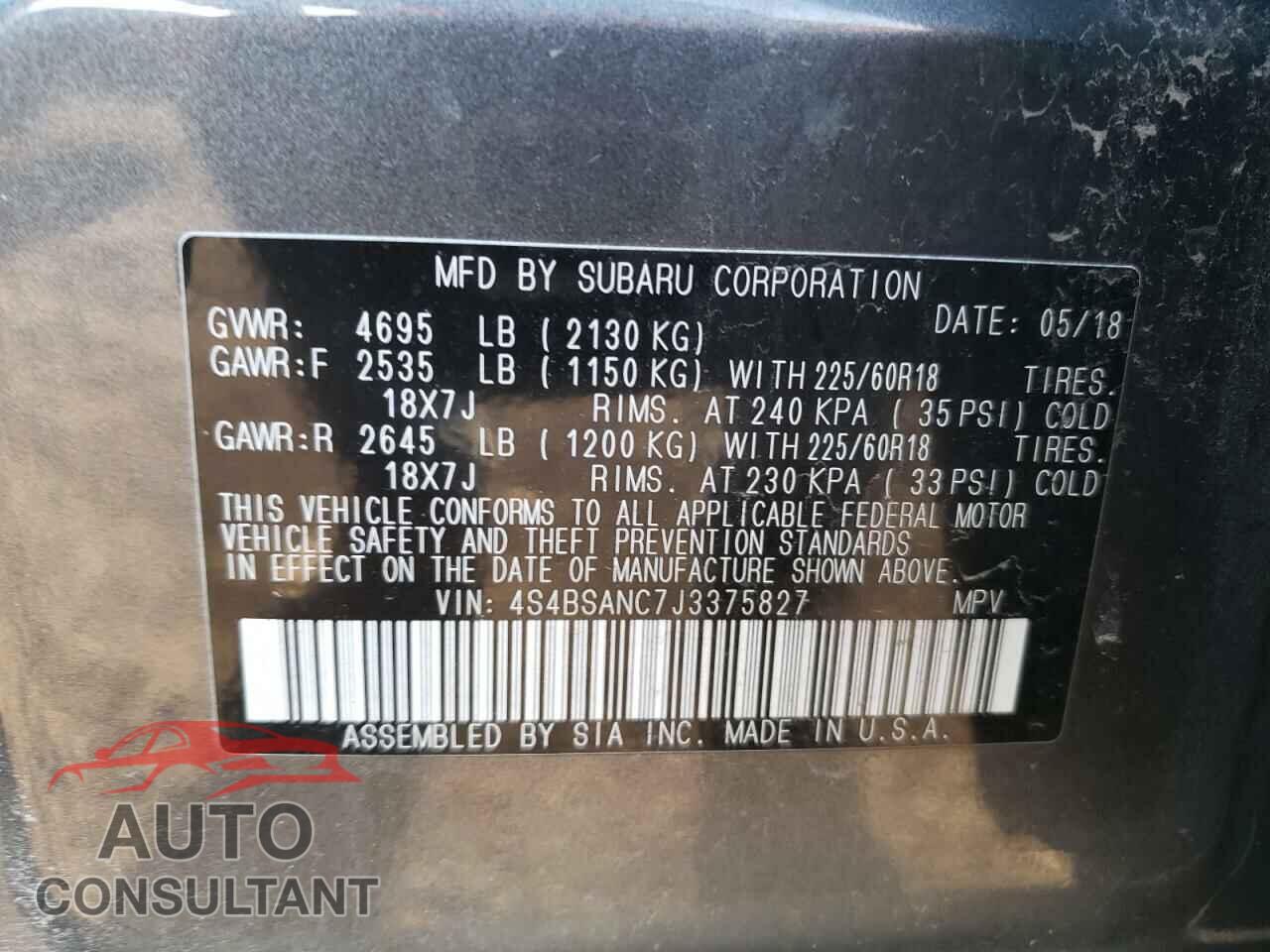 SUBARU OUTBACK 2018 - 4S4BSANC7J3375827