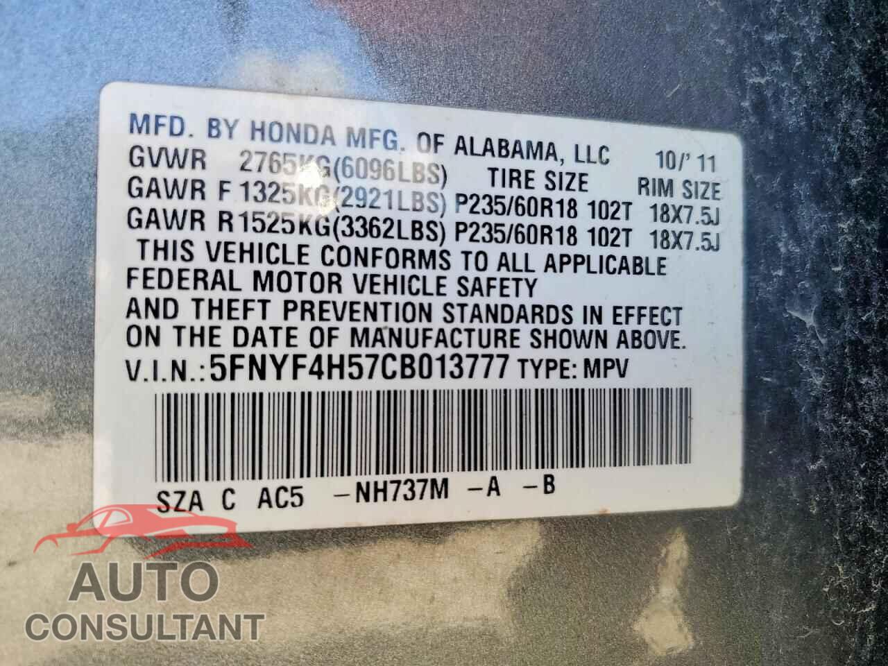 HONDA PILOT 2012 - 5FNYF4H57CB013777