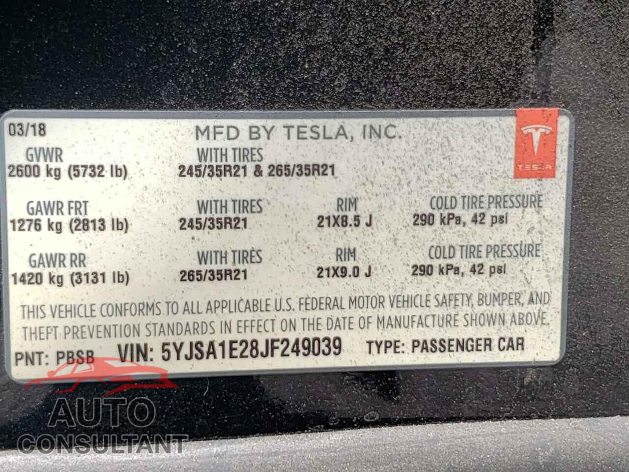 TESLA MODEL S 2018 - 5YJSA1E28JF249039