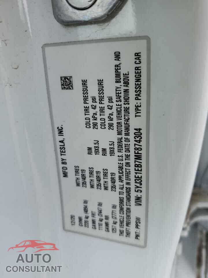 TESLA MODEL 3 2021 - 5YJ3E1EB7MF874304